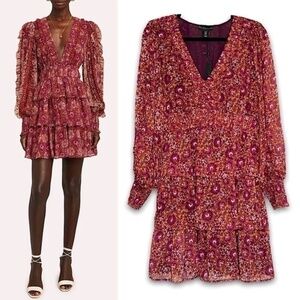 House of Harlow 1960 Berry Paisley Print V-Neck Mini Ruffle Tiered Dress